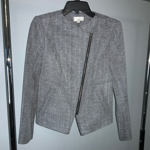 Loft Blazer Gray Herringbone cropped jacket Sz XS Long Sleeve Zip Front lined - Picture 1 of 5